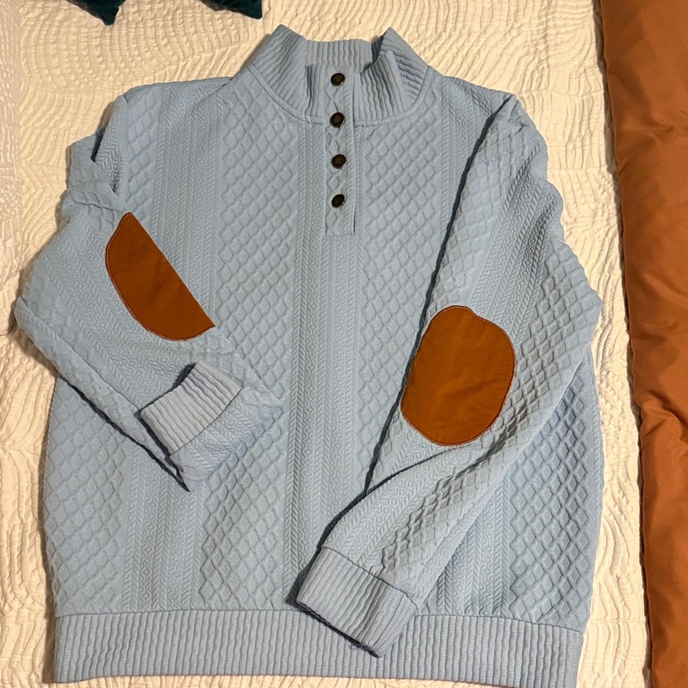 Sky Blue Men's Sweater with Tan Elbow Patches